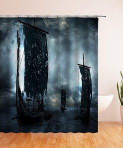 Black Vikings Dragon Ship Sailing Shower Curtain - Vintage Scandinavian Decor