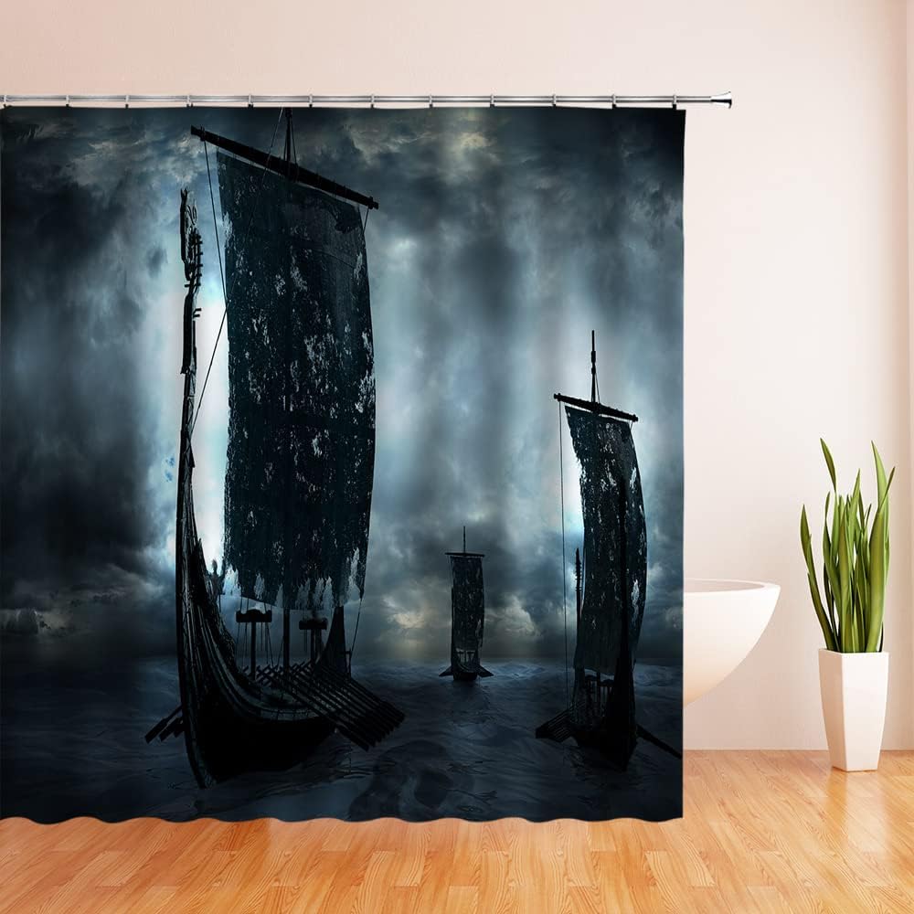 Black Vikings Dragon Ship Sailing Shower Curtain - Vintage Scandinavian Decor