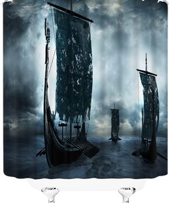 Black Vikings Dragon Ship Sailing Shower Curtain - Vintage Scandinavian Decor