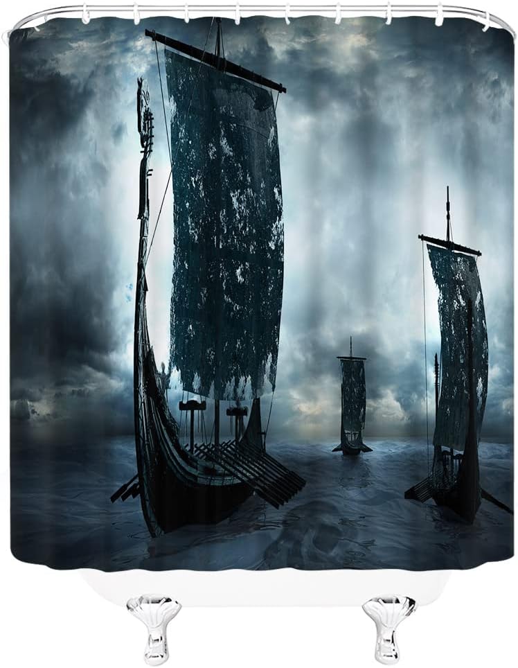 Black Vikings Dragon Ship Sailing Shower Curtain - Vintage Scandinavian Decor