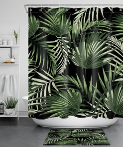Black Watercolor Palm Leaves Shower Curtain, Modern Bathroom Decor