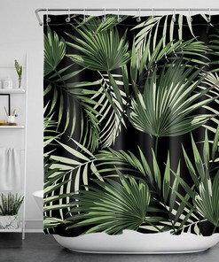 Black Watercolor Palm Leaves Shower Curtain, Modern Bathroom Decor