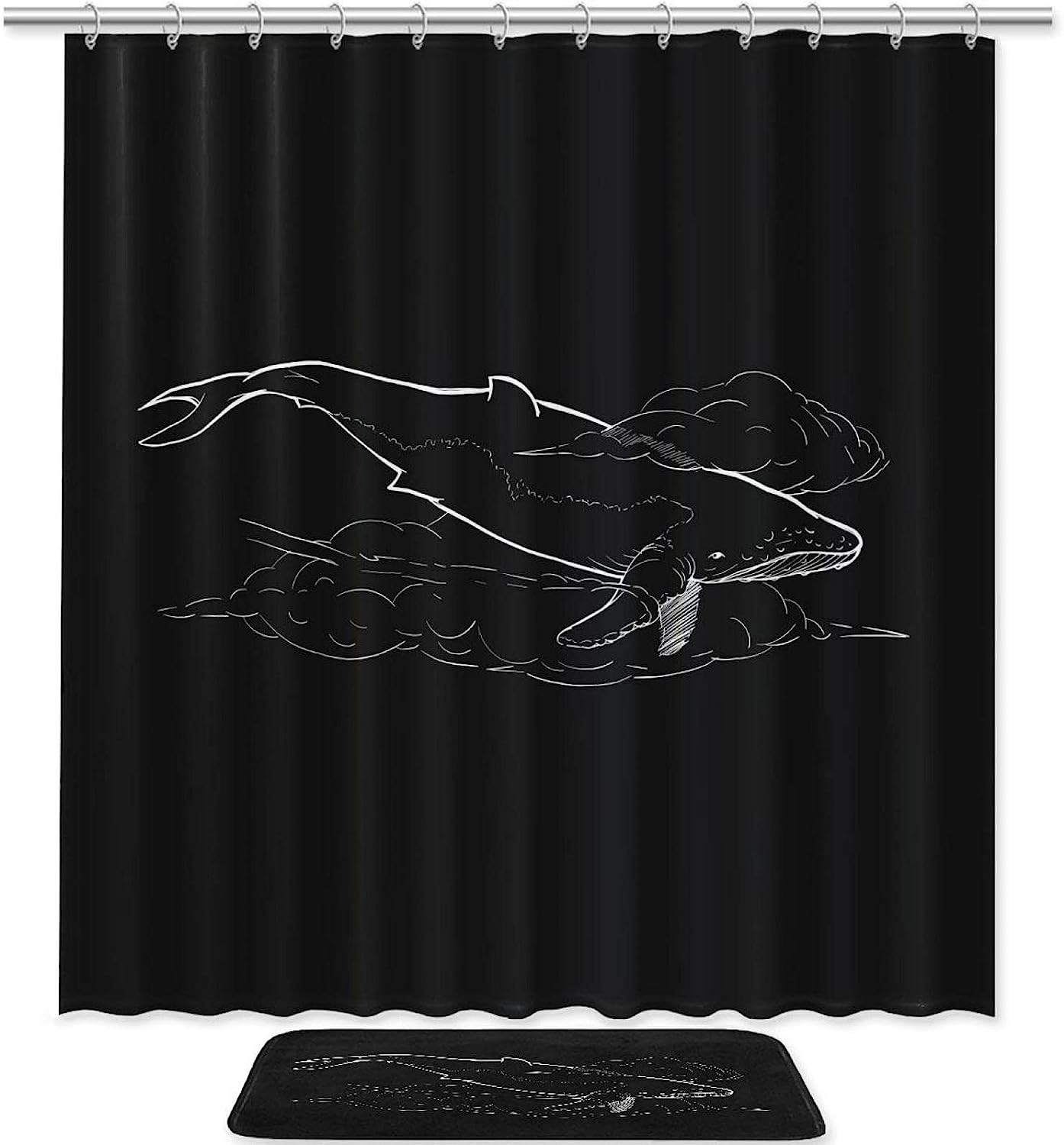 Black Whale Print Shower Curtain For Bathroom Tub Set