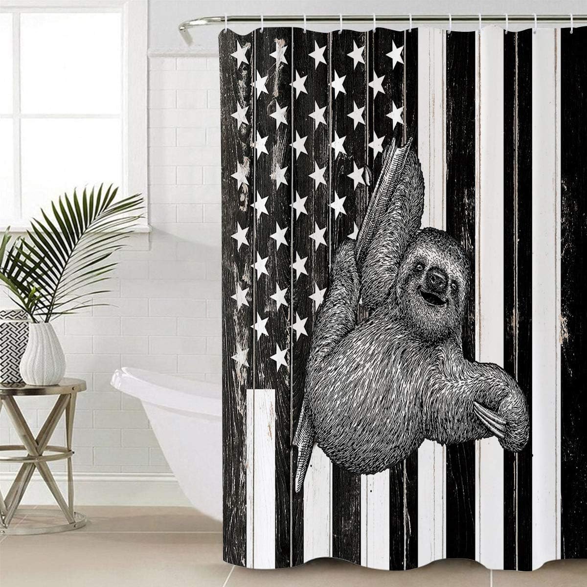 Black White American Flag Sloth Print Shower Curtain for Patriotic Bathroom Decor