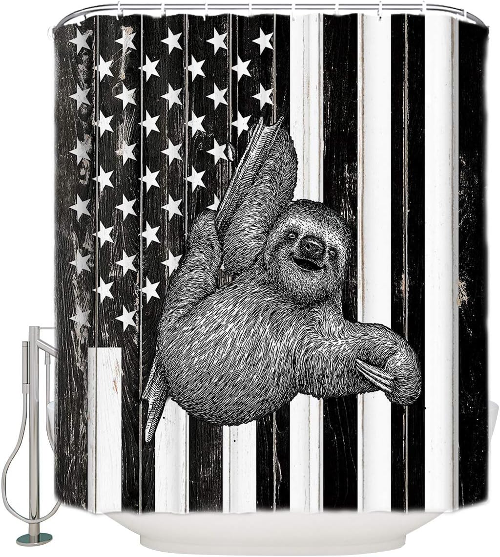 Black White American Flag Sloth Print Shower Curtain for Patriotic Bathroom Decor