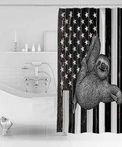Black White American Flag Sloth Print Shower Curtain for Patriotic Bathroom Decor