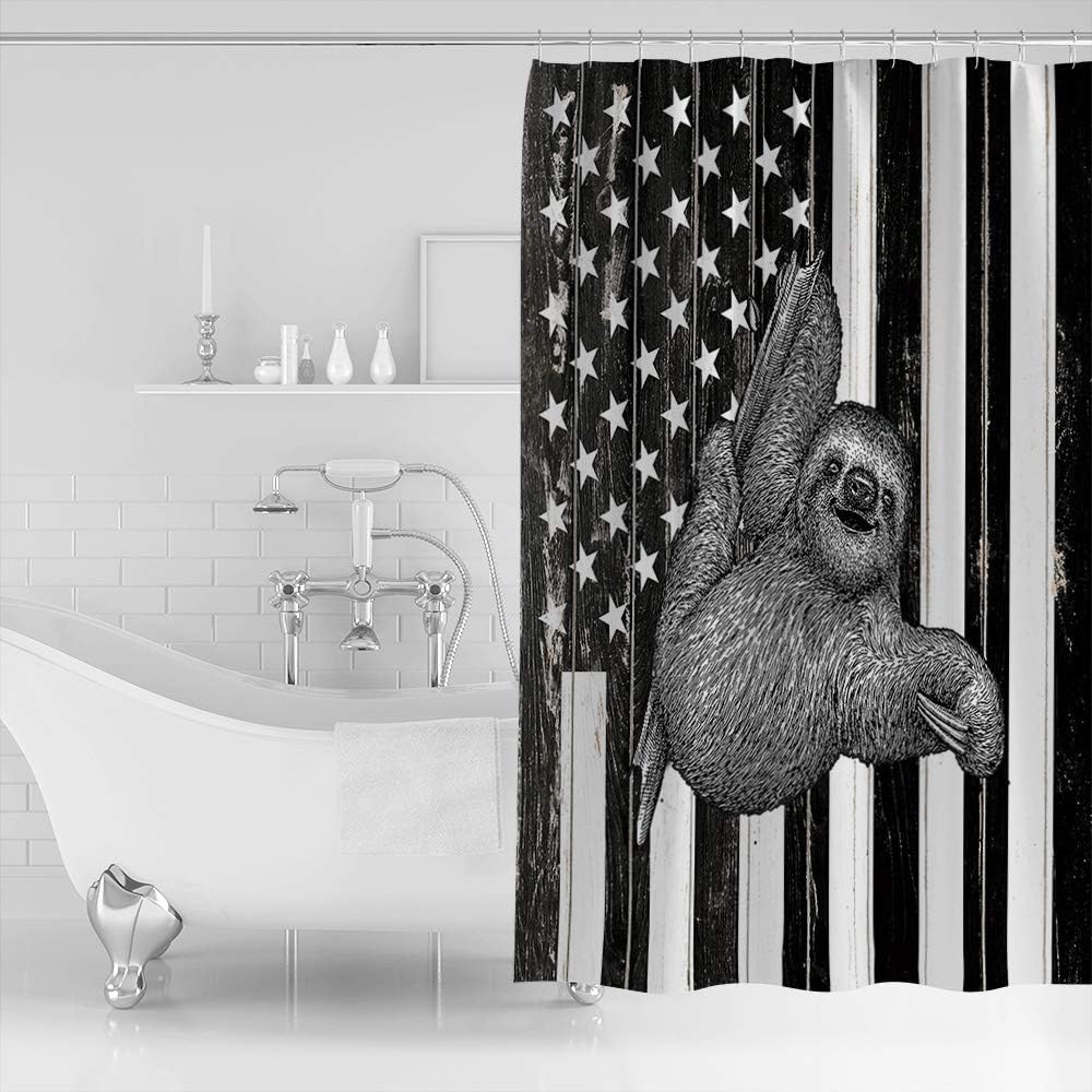Black White American Flag Sloth Print Shower Curtain for Patriotic Bathroom Decor