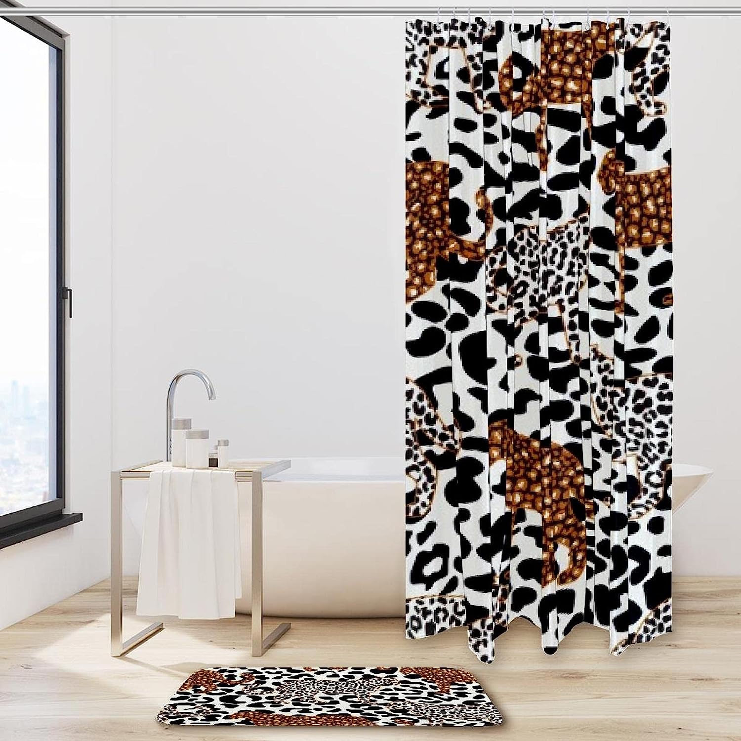 Black White And Brown Leopard Bathroom Set With Waterproof Fabric Shower Curtain - Image 2