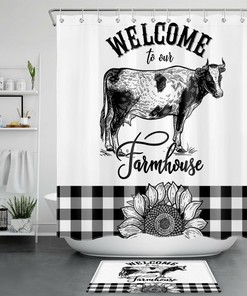 Black White Buffalo Plaid Cow Sunflower Farmhouse Shower Curtain For Bathroom Decor