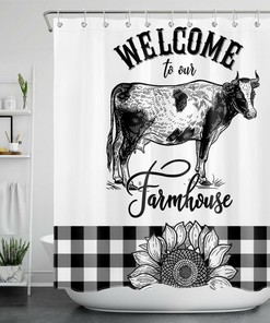 Black White Buffalo Plaid Cow Sunflower Farmhouse Shower Curtain For Bathroom Decor
