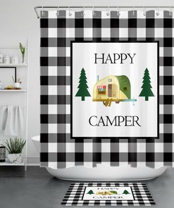 Black White Buffalo Plaid Happy Camper Shower Curtain For A Cozy Bathroom 