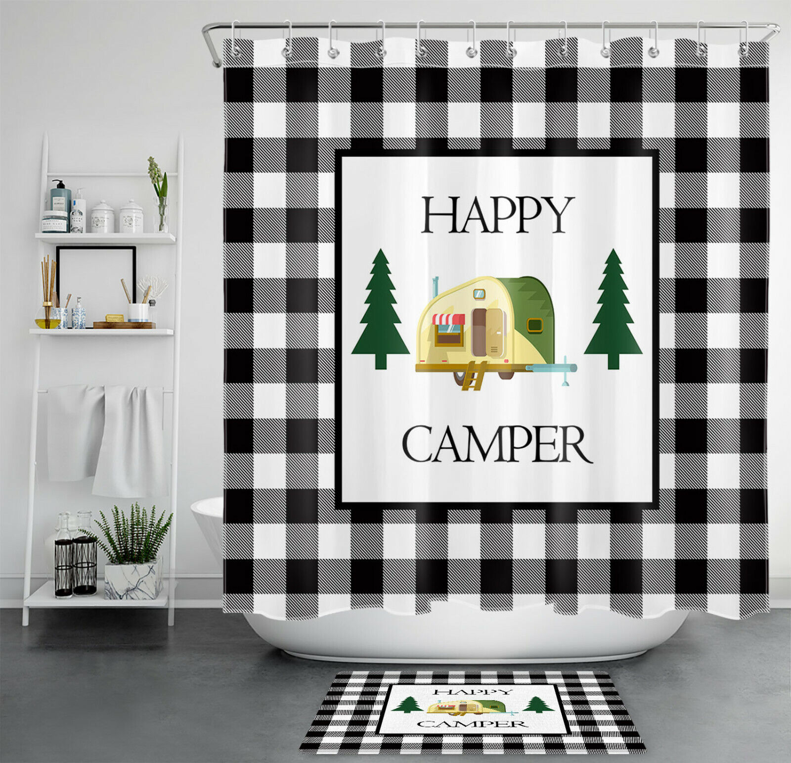 Black White Buffalo Plaid Happy Camper Shower Curtain For A Cozy Bathroom