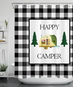 Black White Buffalo Plaid Happy Camper Shower Curtain For A Cozy Bathroom