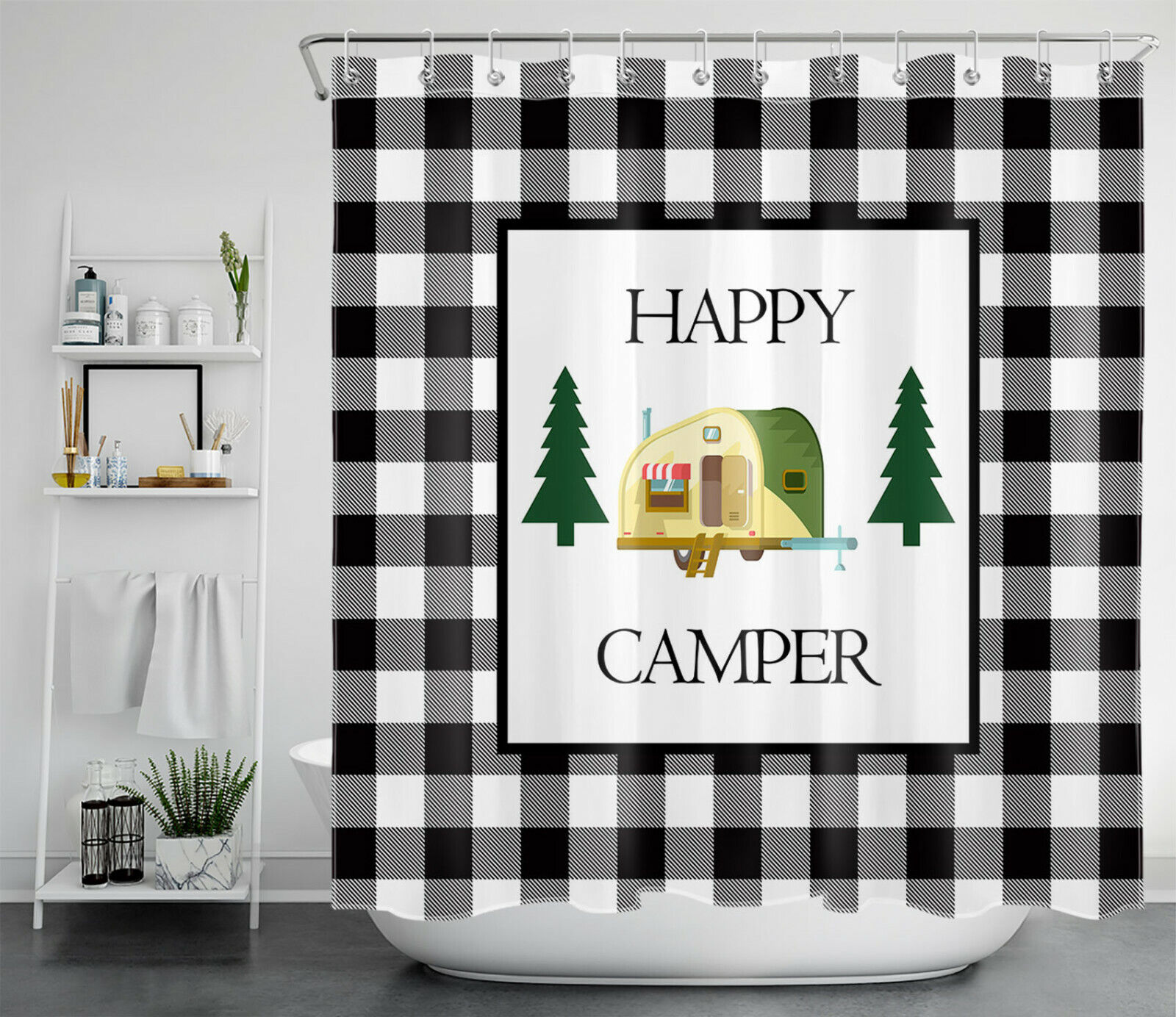 Black White Buffalo Plaid Happy Camper Shower Curtain For A Cozy Bathroom
