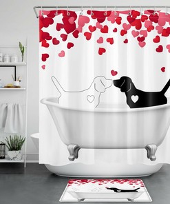 Black White Dog with Red Love Shower Curtain for Bathroom Decor