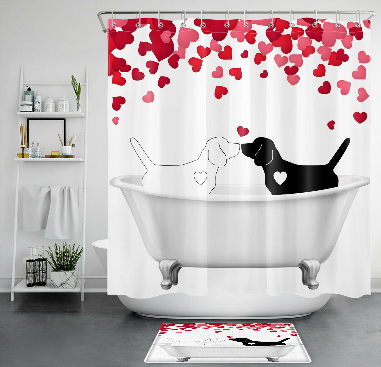 Black White Dog with Red Love Shower Curtain for Bathroom Decor