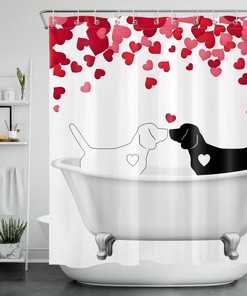 Black White Dog with Red Love Shower Curtain for Bathroom Decor
