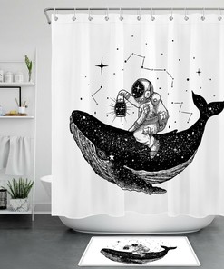Black White Fantasy Whale Astronaut Shower Curtain Set For Dreamy And Imaginative Bathroom Decor