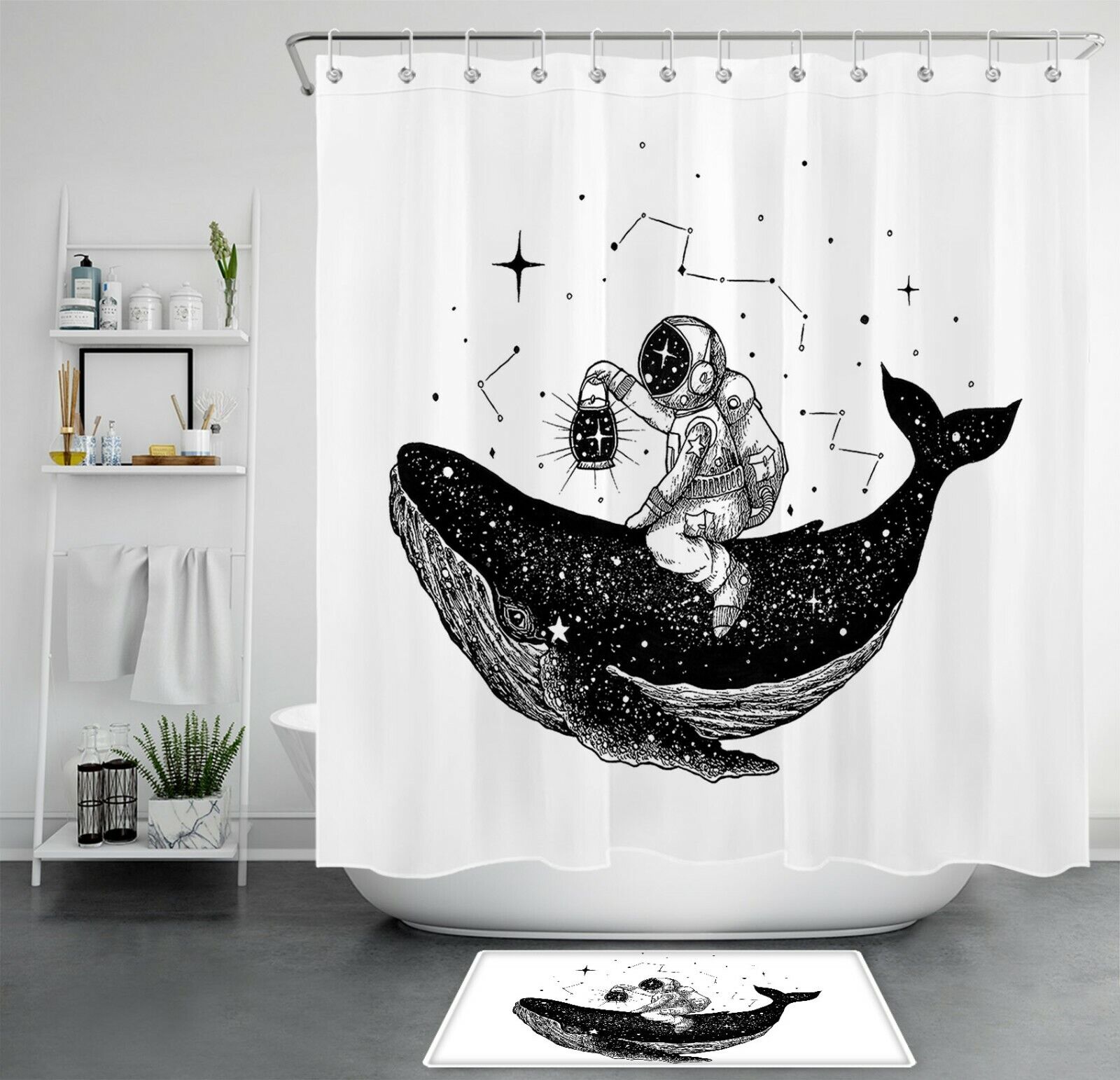 Black White Fantasy Whale Astronaut Shower Curtain Set For Dreamy And Imaginative Bathroom Decor