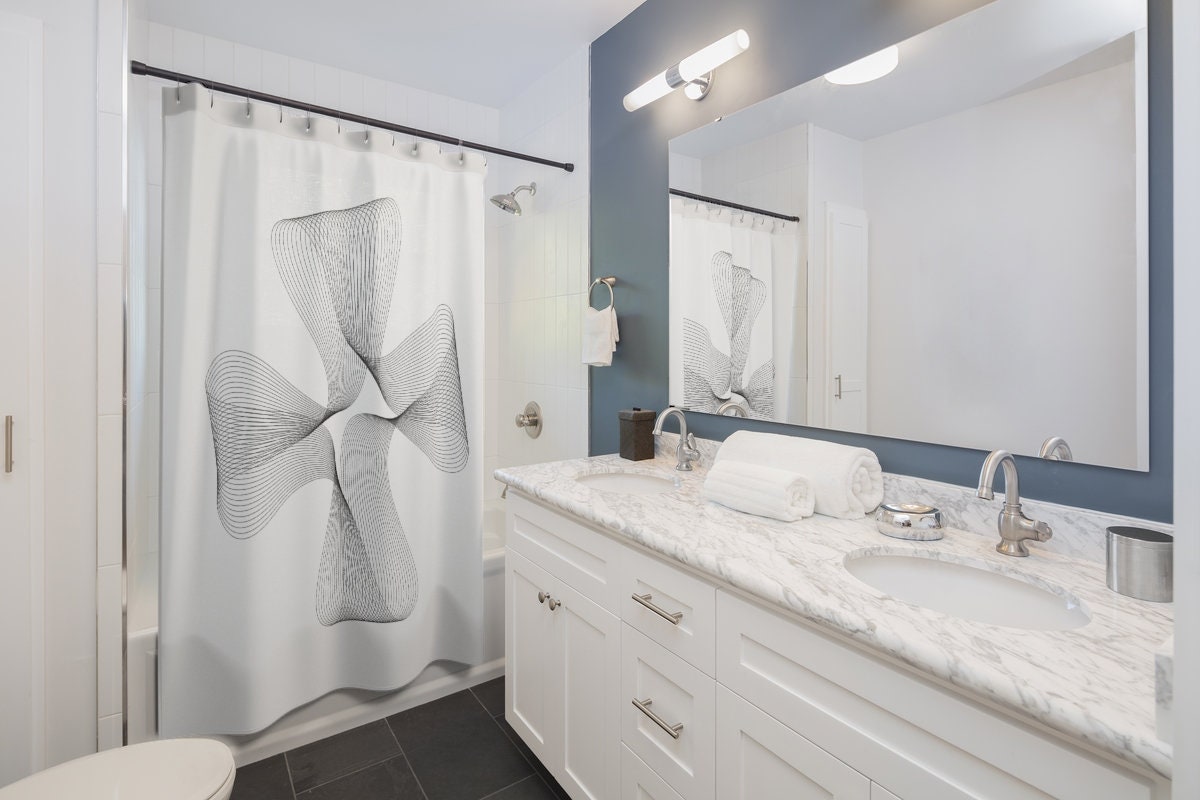 Black White Geometric Flower Shower Curtain, Modern Bathroom Decor