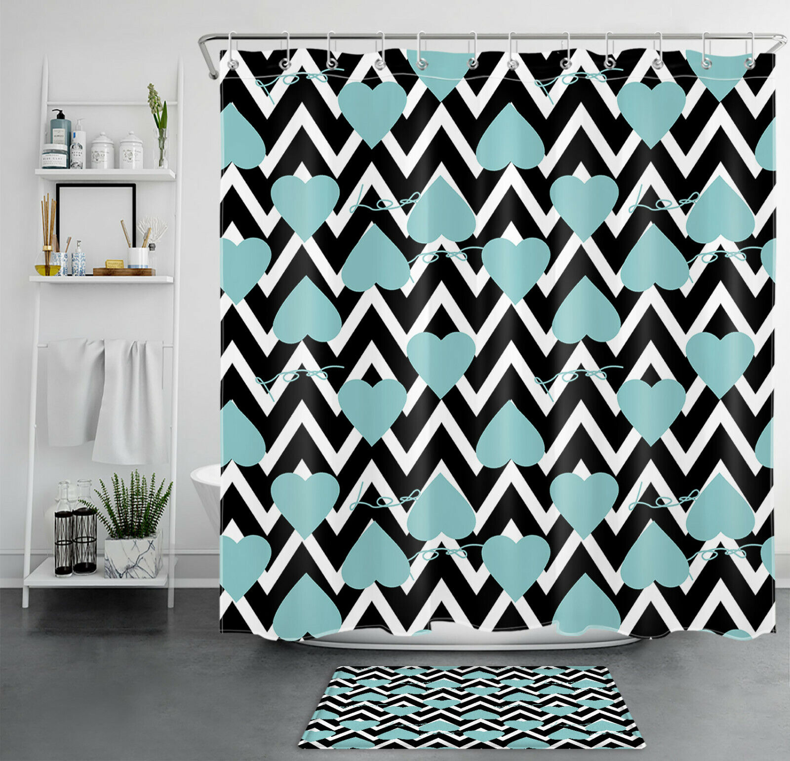 Black White Geometric Striped Love Heart Shower Curtain for Bathroom Accessories