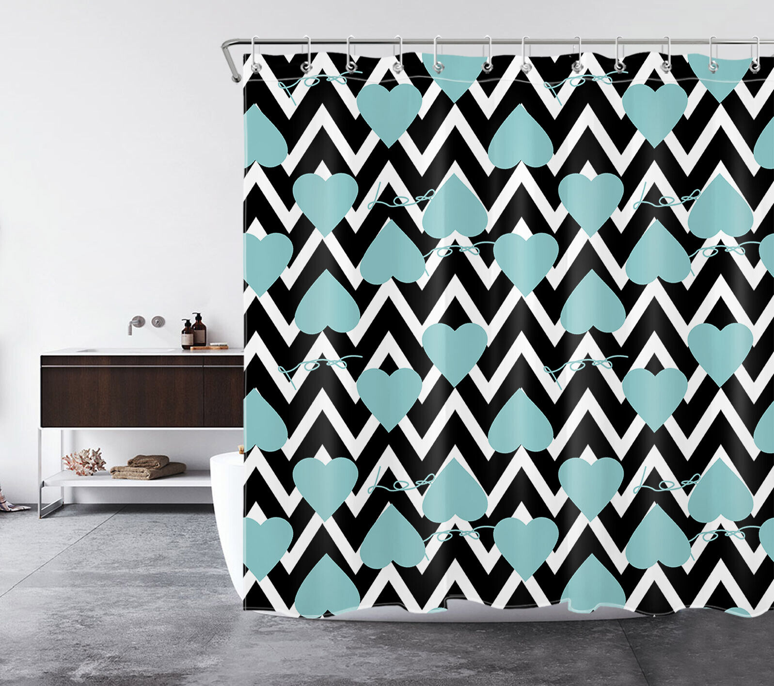 Black White Geometric Striped Love Heart Shower Curtain for Bathroom Accessories