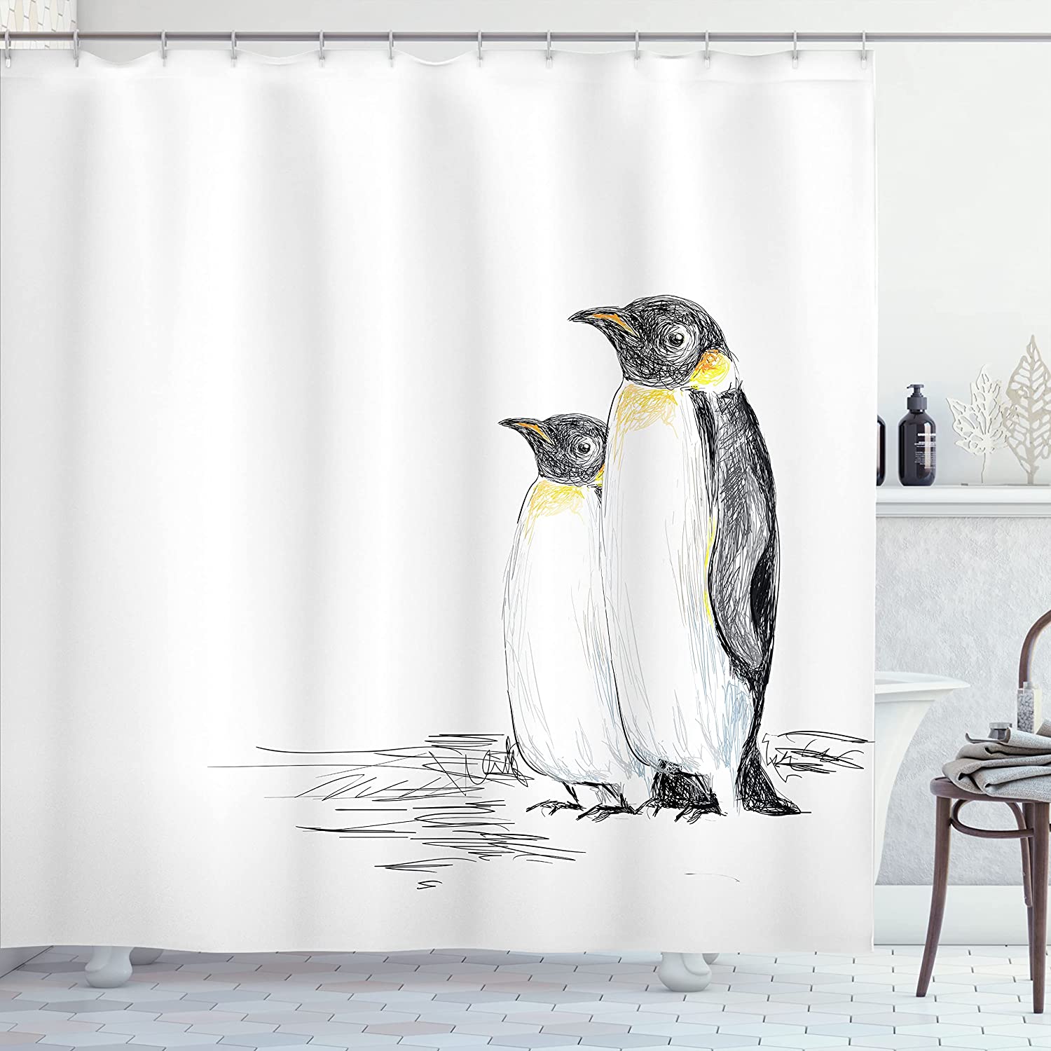Black White Hand Drawn Art Penguins Aquatic Flightless Birds Shower Curtain