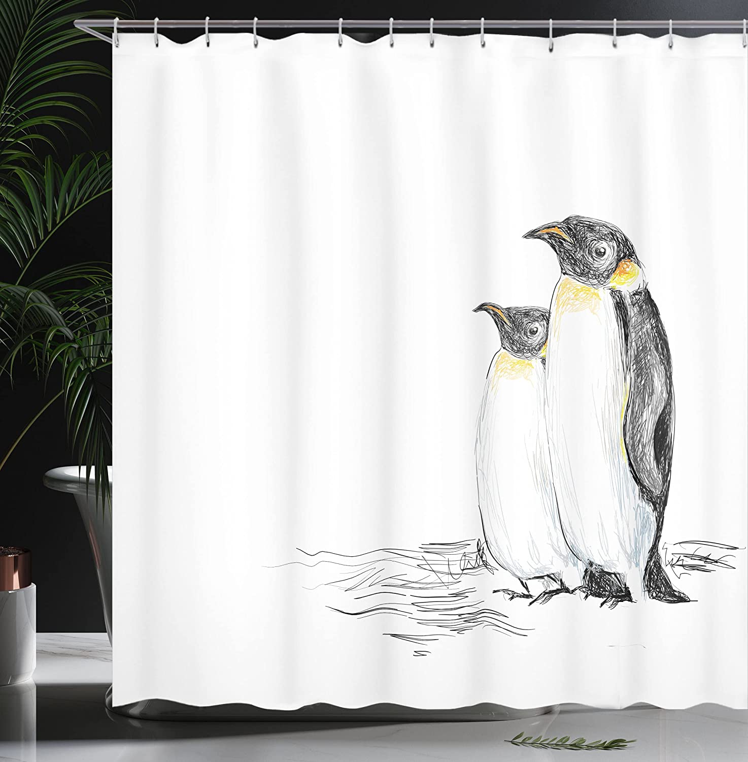 Black White Hand Drawn Art Penguins Aquatic Flightless Birds Shower Curtain - Image 3