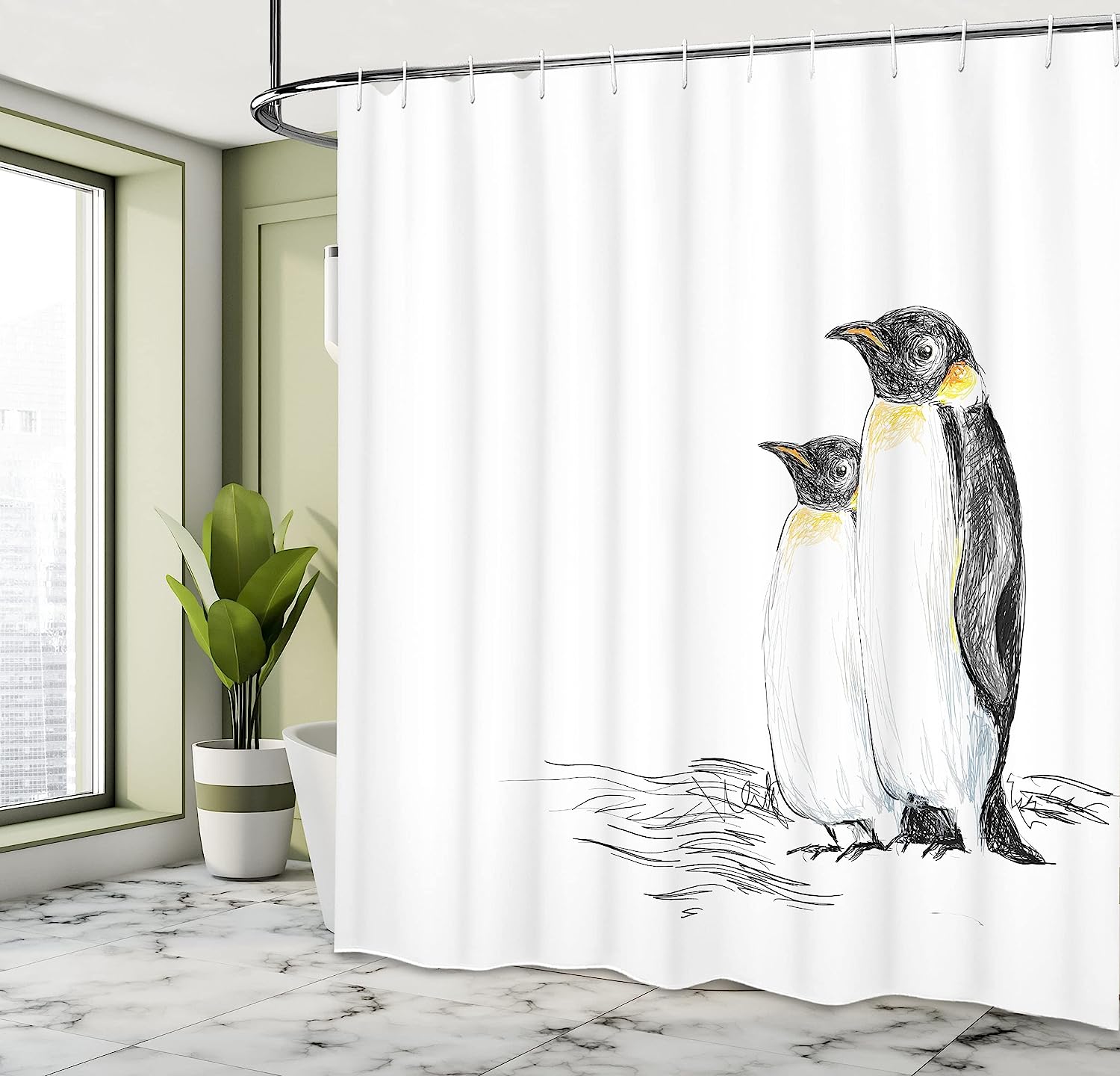 Black White Hand Drawn Art Penguins Aquatic Flightless Birds Shower Curtain - Image 4