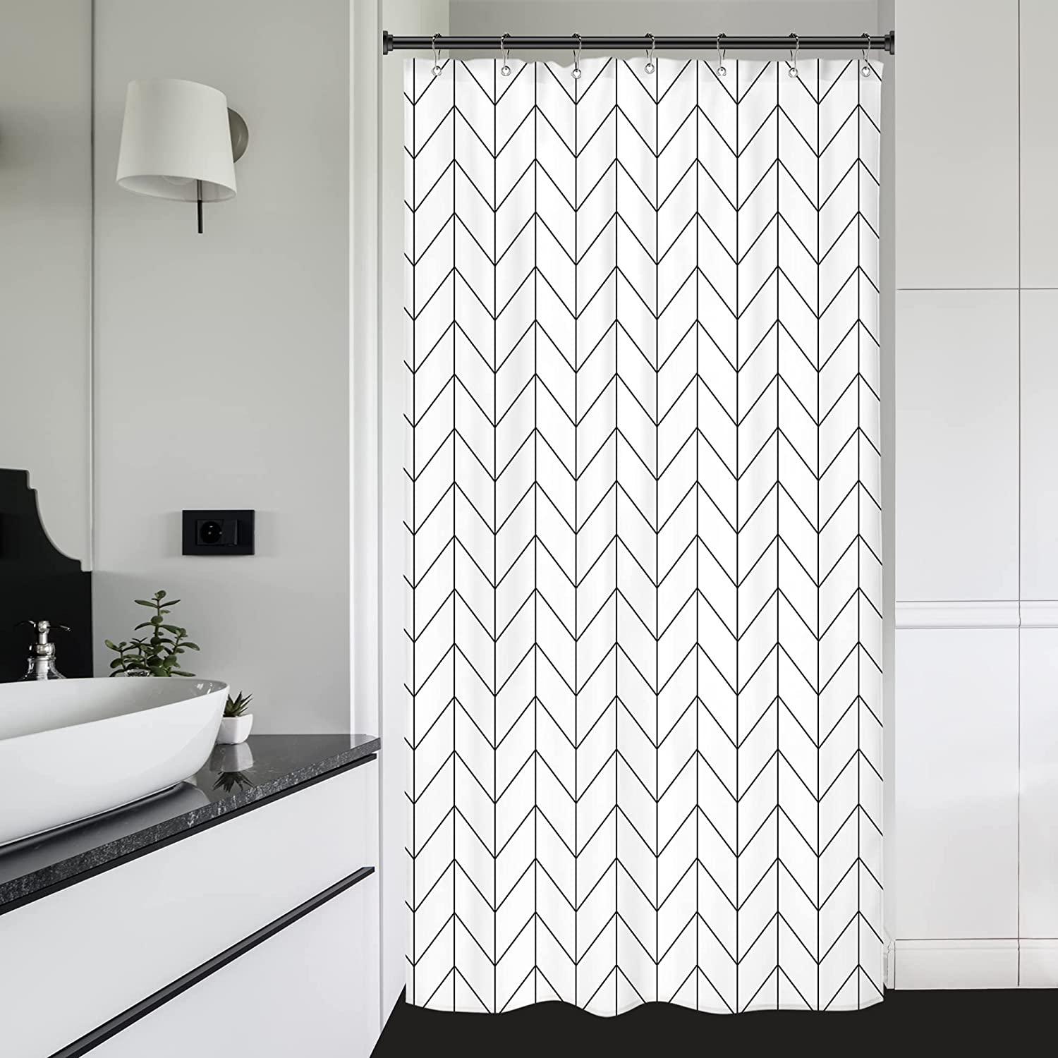 Black White Stall Small Dorm Camper Shower Curtain, RV Narrow Wall Waterproof Fabric Bathroom Decor
