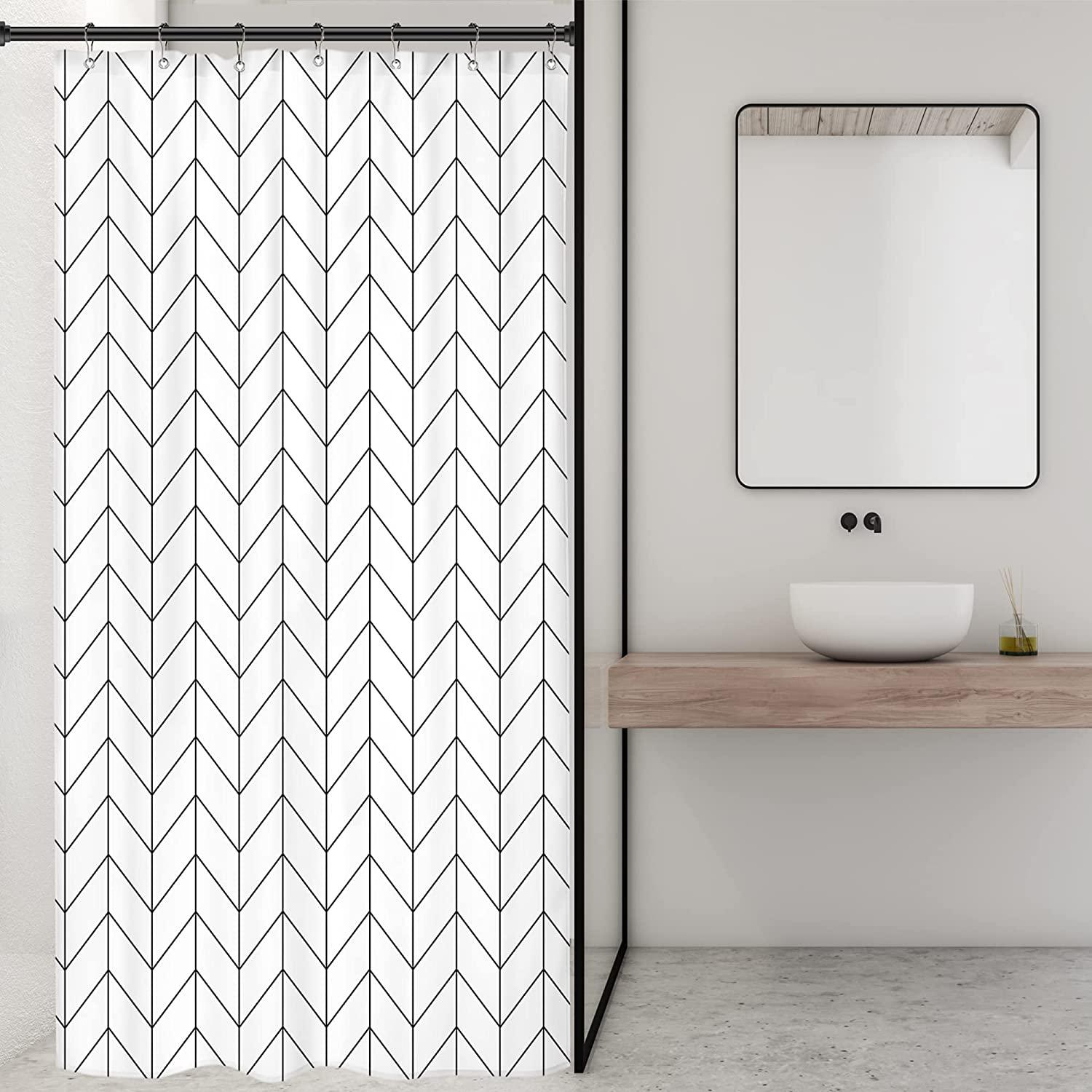 Black White Stall Small Dorm Camper Shower Curtain, RV Narrow Wall Waterproof Fabric Bathroom Decor