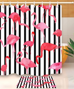 Black & White Stripes Watercolor Flamingo Waterproof Bathroom Shower Curtain