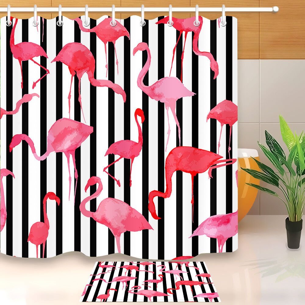 Black & White Stripes Watercolor Flamingo Waterproof Bathroom Shower Curtain