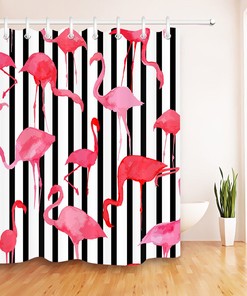Black & White Stripes Watercolor Flamingo Waterproof Bathroom Shower Curtain