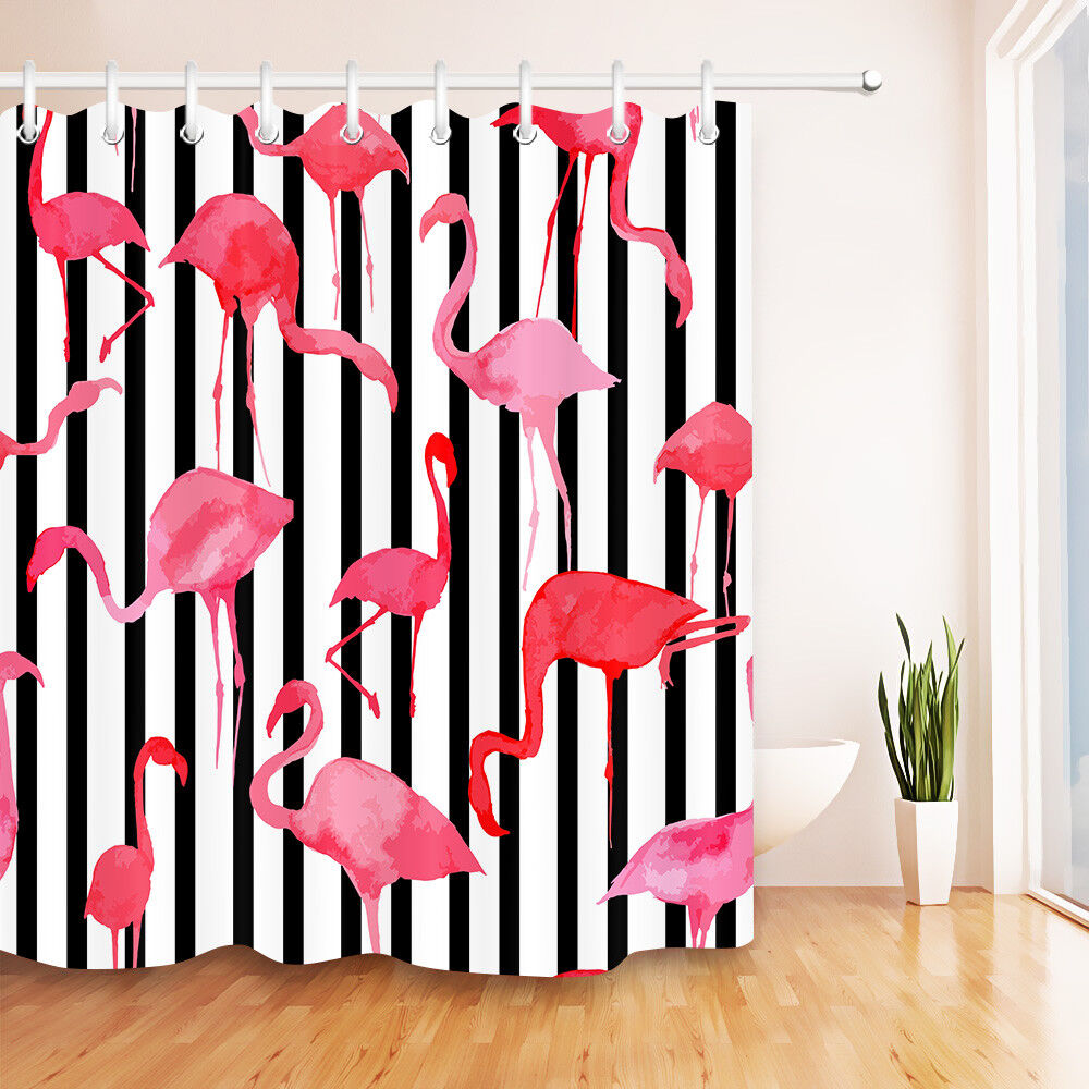Black & White Stripes Watercolor Flamingo Waterproof Bathroom Shower Curtain