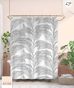 Black White Tropical Botanical Big Banana Leaf Shower Curtain, Vintage Boho Bathroom Decor