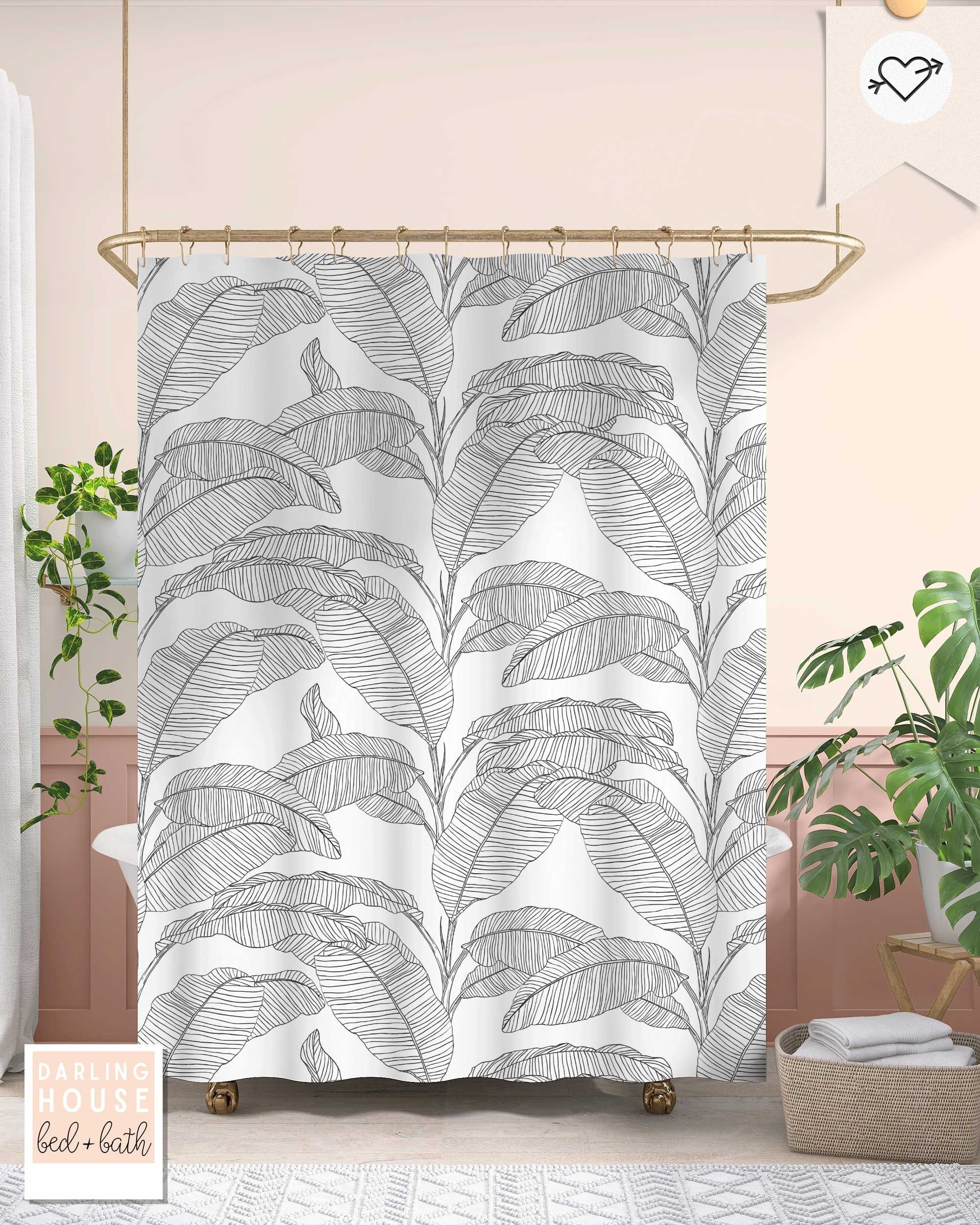 Black White Tropical Botanical Big Banana Leaf Shower Curtain, Vintage Boho Bathroom Decor