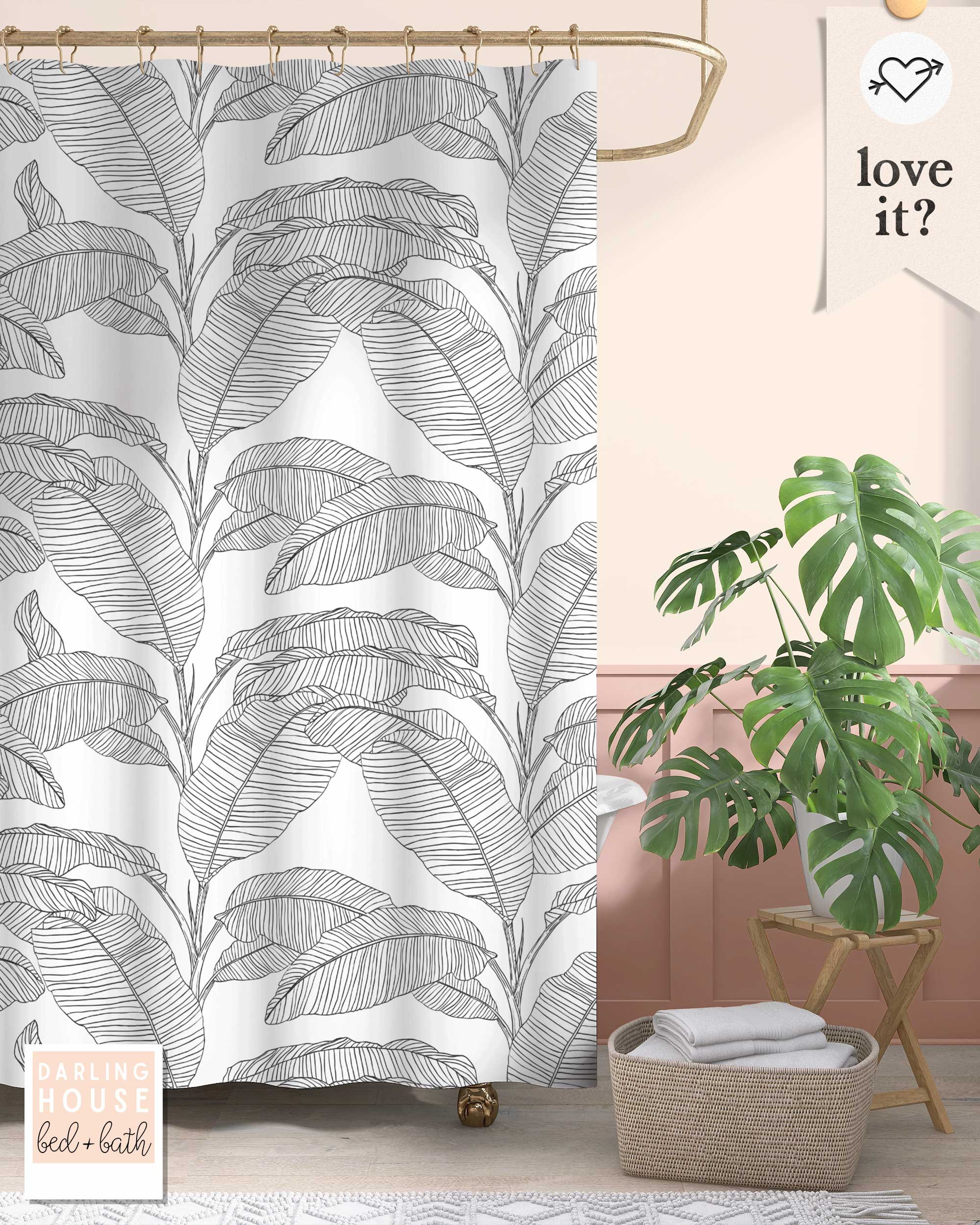 Black White Tropical Botanical Big Banana Leaf Shower Curtain, Vintage Boho Bathroom Decor - Image 2