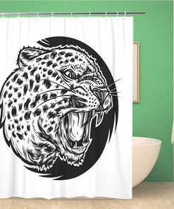 Black Wild Grin Leopard Head Animal Shower Curtain With Cat Cuspides