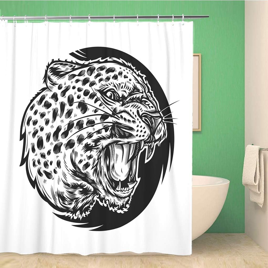 Black Wild Grin Leopard Head Animal Shower Curtain With Cat Cuspides