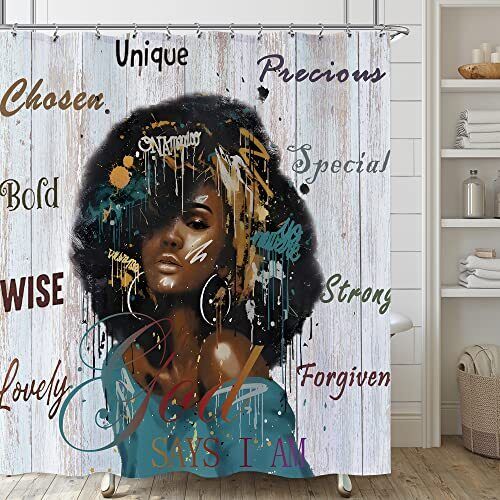 Black Woman Beauty Teal Shower Curtain - Elegant And Modern Bathroom Decor With Unique And Bold Print - Image 2