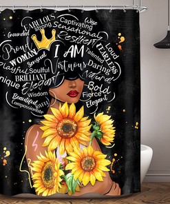 Black Woman Sunflower Shower Curtain with Afro Art Floral Print for Inspirational Quotes