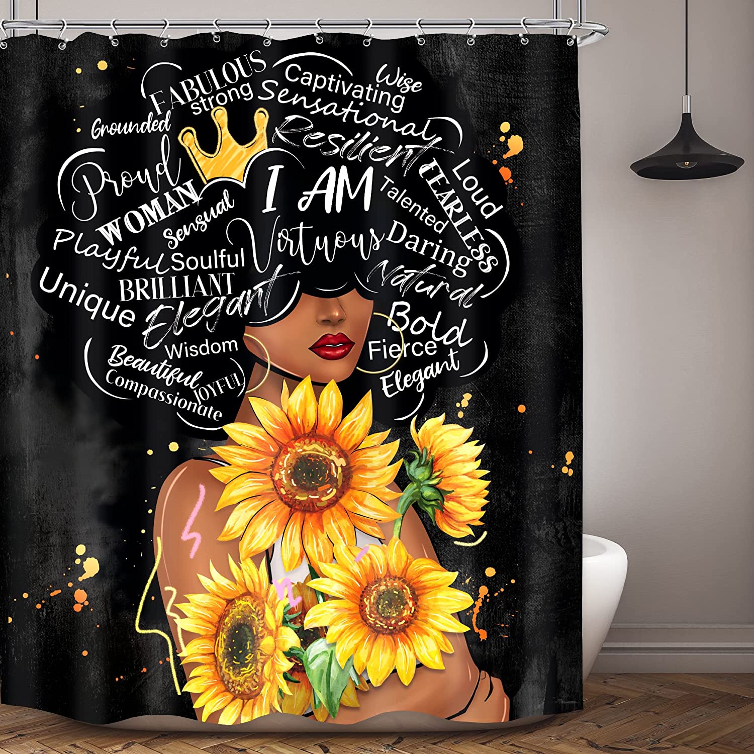 Black Woman Sunflower Shower Curtain with Afro Art Floral Print for Inspirational Quotes