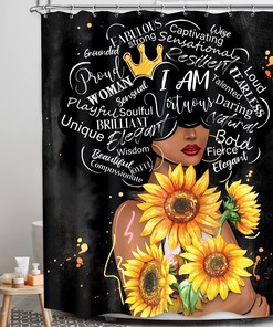 Black Woman Sunflower Shower Curtain with Afro Art Floral Print for Inspirational Quotes