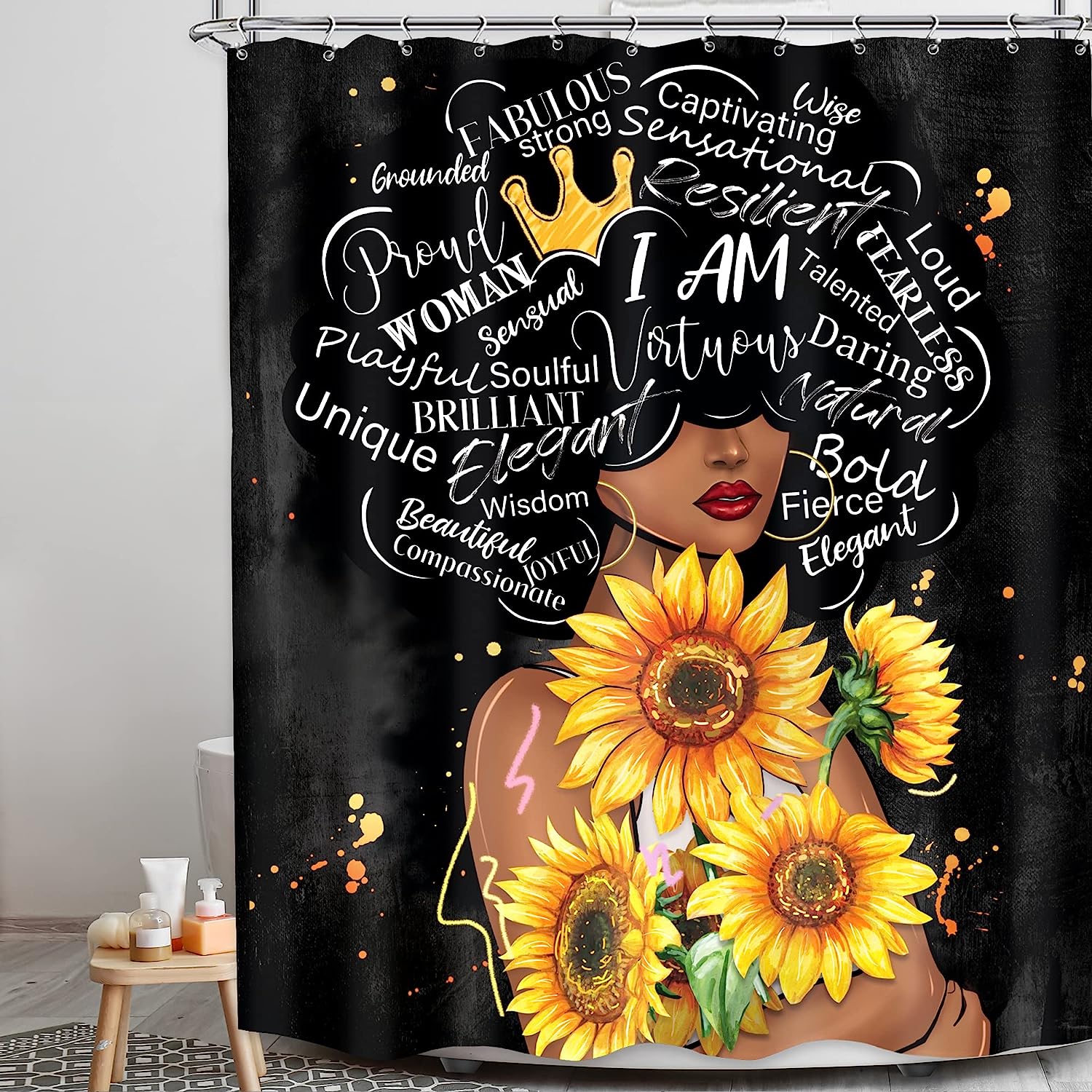 Black Woman Sunflower Shower Curtain with Afro Art Floral Print for Inspirational Quotes