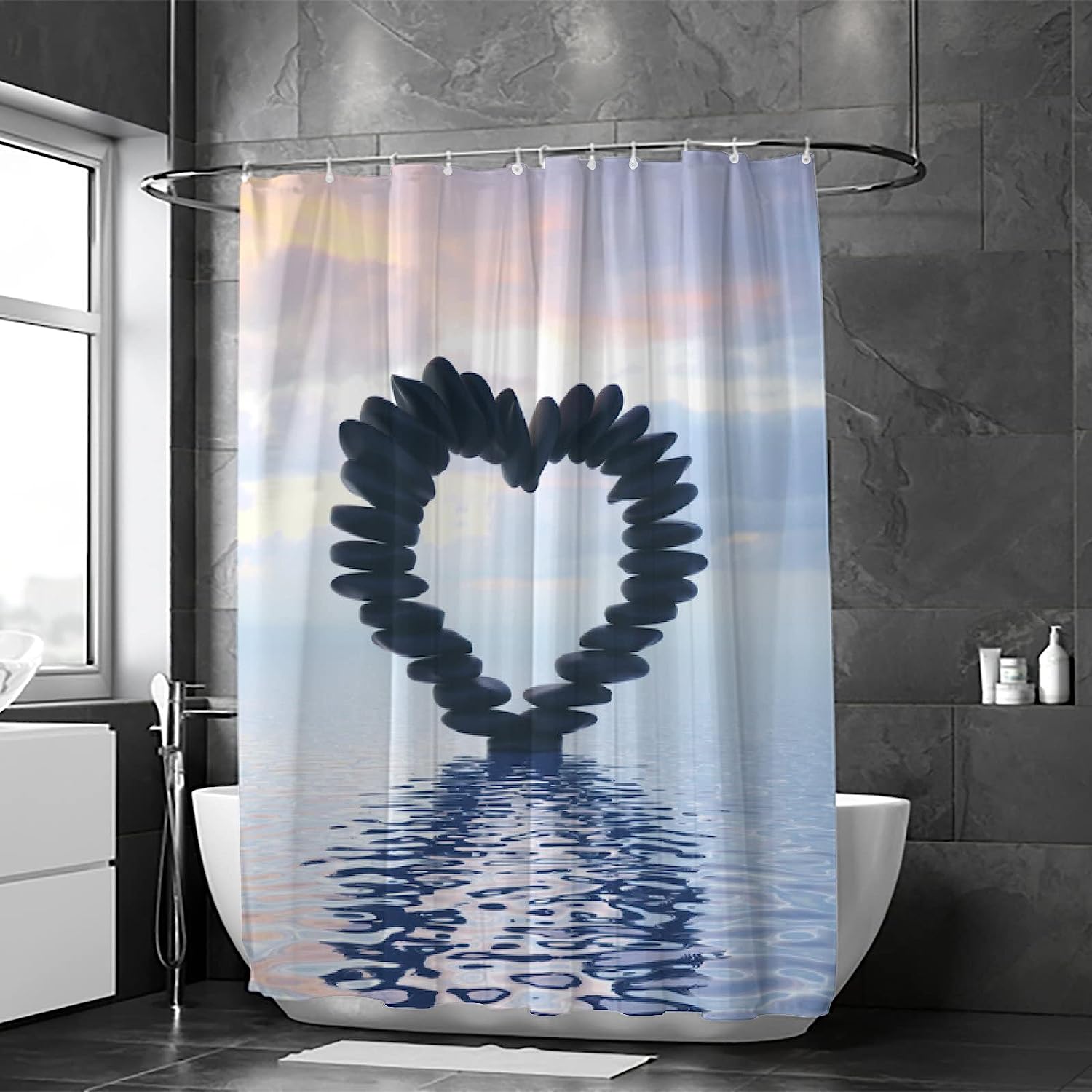 Black Zen Stones in Heart-Shaped Shower Curtain for Serene Farmhouse Bathroom Decor