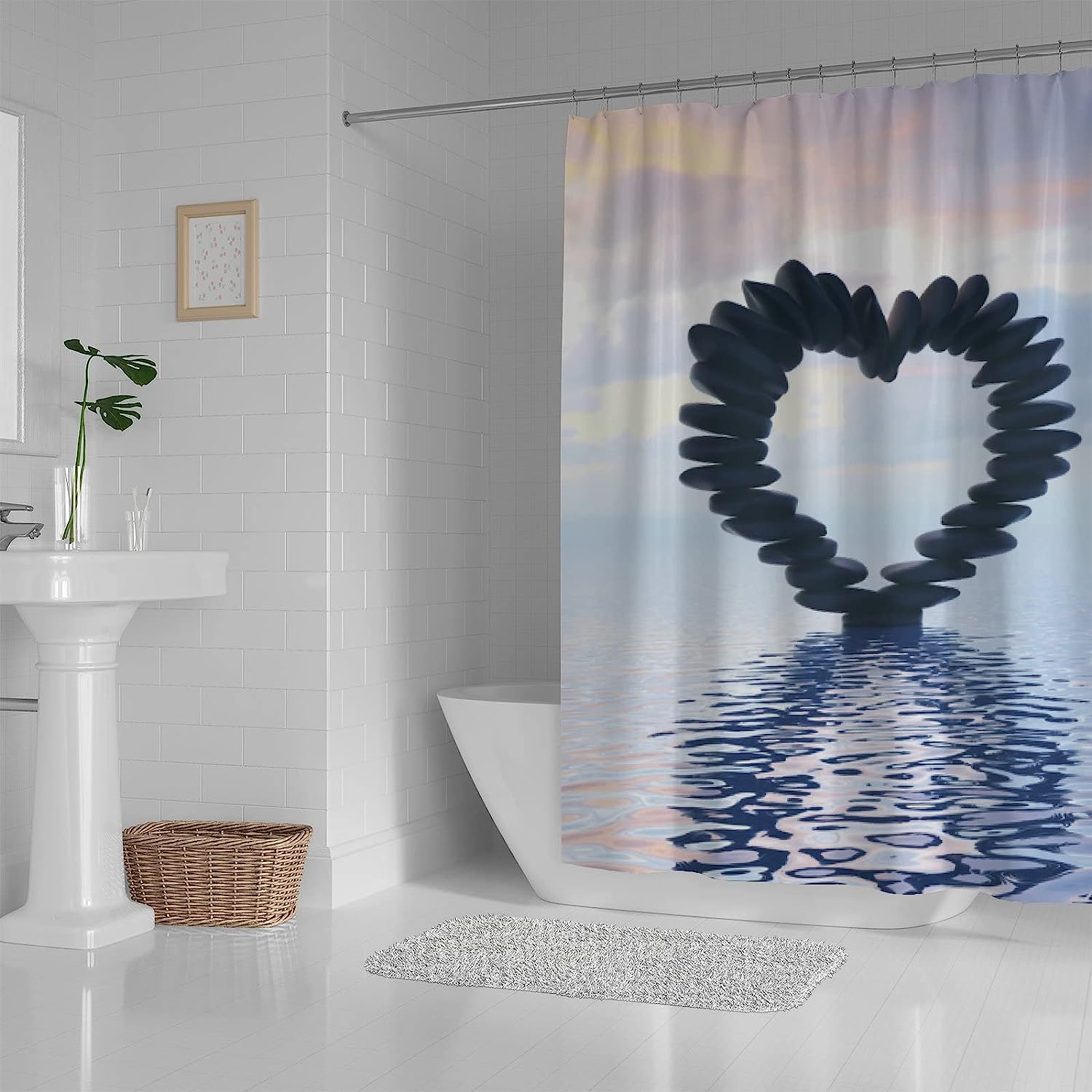 Black Zen Stones in Heart-Shaped Shower Curtain for Serene Farmhouse Bathroom Decor