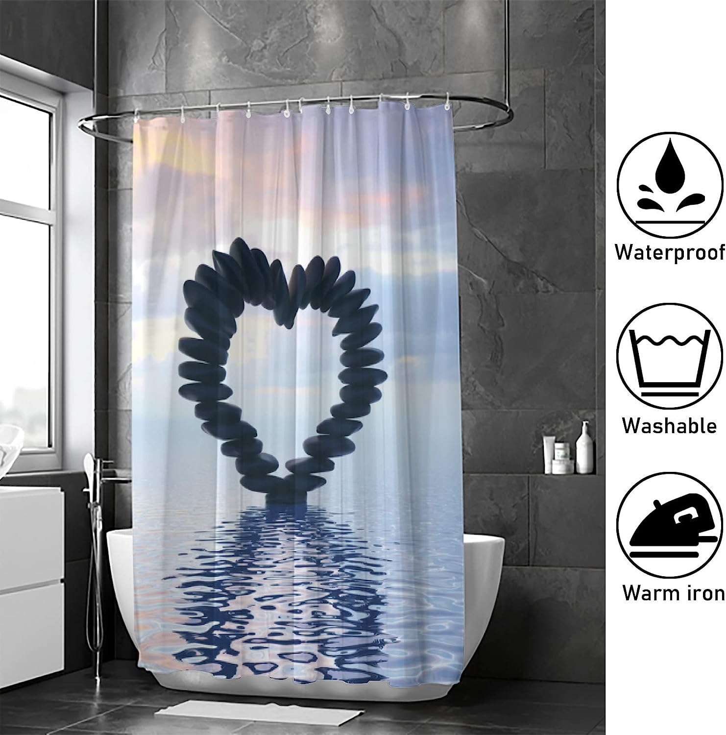 Black Zen Stones in Heart-Shaped Shower Curtain for Serene Farmhouse Bathroom Decor