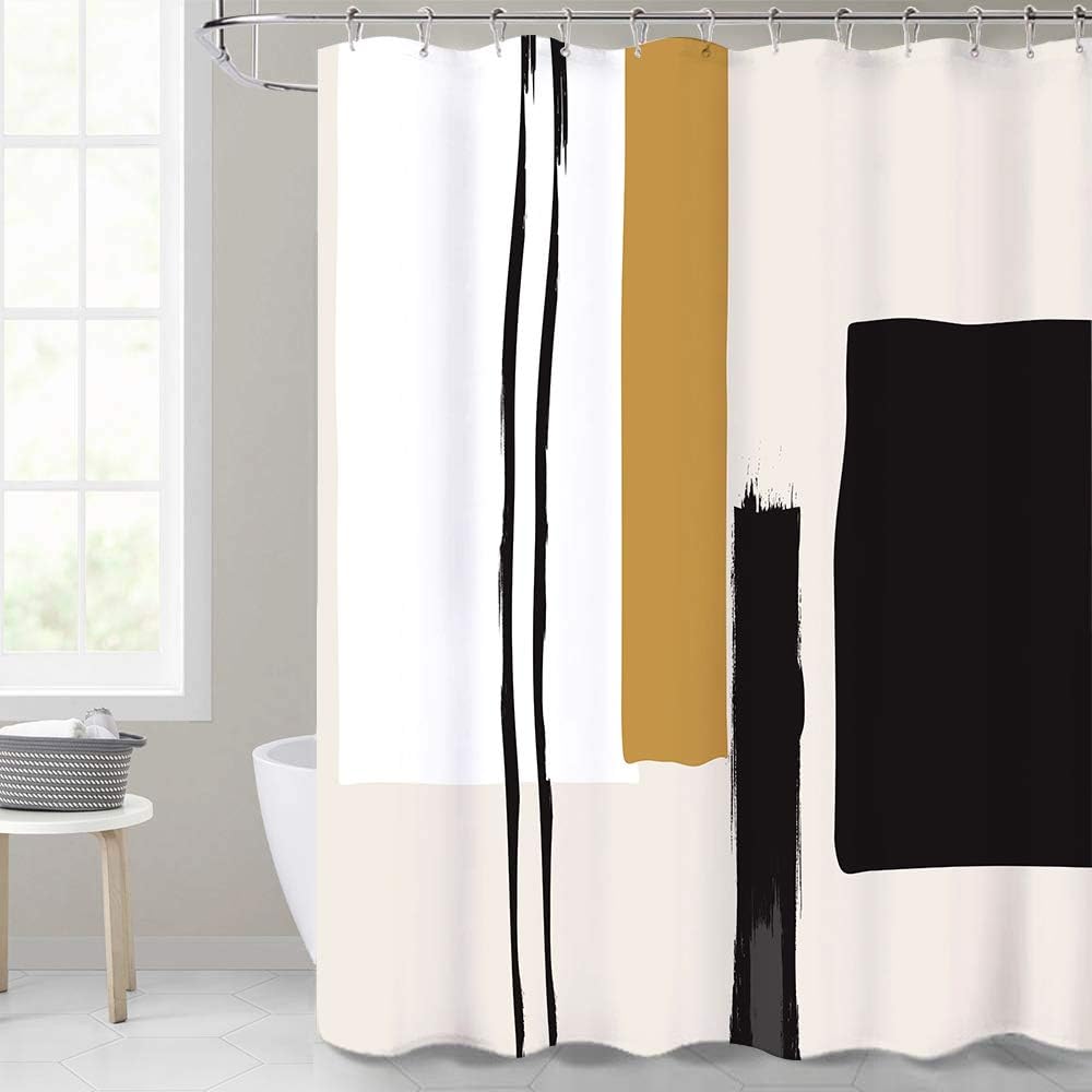 Black and Beige Abstract Geometric Neutral Painting Bathroom Shower Curtain for a Contemporary Space