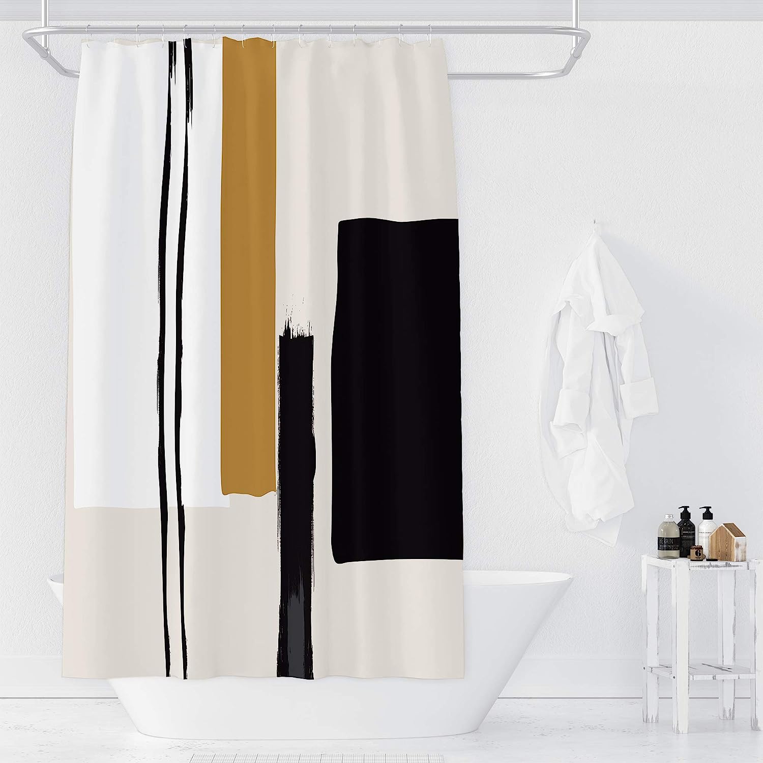 Black and Beige Abstract Geometric Neutral Painting Bathroom Shower Curtain for a Contemporary Space